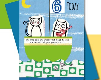 Sixth Birthday Card, Boys Birthday, Nursery Rhyme, Owl and the Pussy Cat