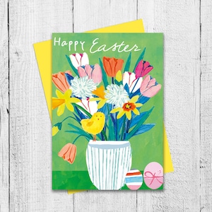 Cartolina di Pasqua, Buona Pasqua, Vaso di fiori, Pulcino di Pasqua carino, Uova di Pasqua