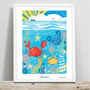Nautical Print, Crabs Print, Crab Illustration, Nautical Illustration, Wall Art,  Fishing Boat Illustration, Sea Print, Underwater print