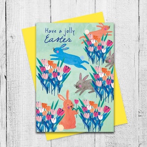 Cartolina di Pasqua, Avere una Pasqua allegra, coniglietti saltanti, Prato di fiori