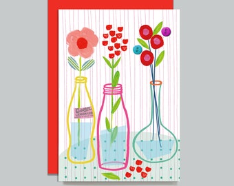 Flowers In Bottles Card. Hand Embellished With Buttons.