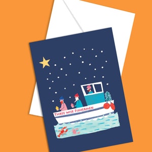 Tarjeta navideña de pescadores, Navidad náutica, Tres Reyes Magos, Barco de pesca, Tres hombres reyes, Barco, Nieve