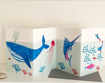 Sea Life Concertina Card Illustrated with a Whale, Jelly Fish,SwordFish and Coral