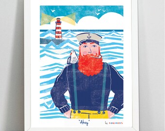 Nautical Print, Nautical Illustration, Wall Art, Sailor Print, Seagull Print, Sea Illustration, Bearded Man Print, Lighthouse Print