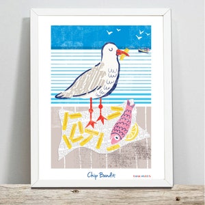 Nautical Print, Seaside Print, Seagull Print, Fish and Chips Print, Nautical Illustration, Wall Art,  Seagull Illustration, Seaside Art