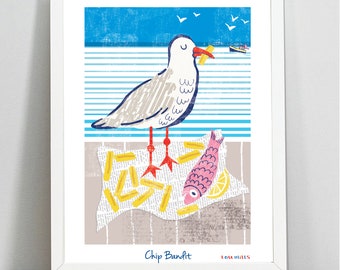 Nautical Print, Seaside Print, Seagull Print, Fish and Chips Print, Nautical Illustration, Wall Art,  Seagull Illustration, Seaside Art