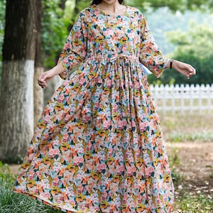 New Arrival Trendy Printing Loose Summer Cotton Dress Lightweight Soft Cotton Maxi Dress Plus Size Dress Plus Size Clothing Style 188P