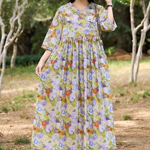 New Arrival Delicate Printing Loose Summer Cotton Dress Lightweight Soft Cotton Maxi Dress Plus Size Dress Plus Size Clothing Style 192P