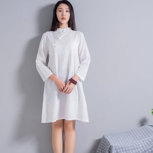 Cheongsam Style Jacquard Linen Dress Soft Cotton Linen Dress  Plus Size Linen Plus Size Dress Plus Size Clothing Linen Clothing Style 104J