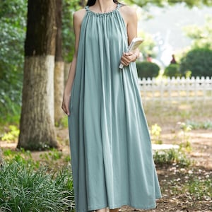 New Arrival Exquisite Neckline Summer Linen Dress Sleeveless Soft Cotton Linen Maxi Dress Loose Plus Size Dress Plus Size Clothing 185W