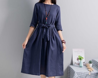 Retro Loose Summer Linen Dress With Belt Casual Cotton Linen Dress Oversized Dress Plus Size Linen Plus Size Dress Plus Size Clothing