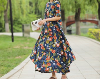 Retro Printing Lightweight Leisure Loose Summer Dress Soft Cotton Maxi Dress Casual Oversized Dress Maternity Dress Plus Size Dress