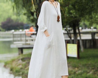 Loose Fitting Linen Dress Soft Cotton Linen Dress Plus Size Dress Linen Robe Casual Oversized Linen Dress Plus Size Clothing Style 022