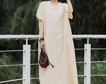 Robe d'été en lin à manches chauve-souris Robe longue en lin et coton ample, Robe grande taille en lin, Vêtements grande taille, Style de vêtements en lin 064