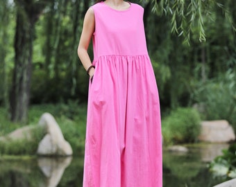Abito estivo senza maniche in lino, abito lungo in morbido cotone e lino, abito in lino taglie forti, abbigliamento taglie forti, abito in lino ampio e oversize, modello 065