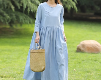 Rétro fait main avec boutons, robe ample en lin, robe longue en lin et coton doux, robe grande taille en lin, robe grande taille, style vestimentaire grande taille 006