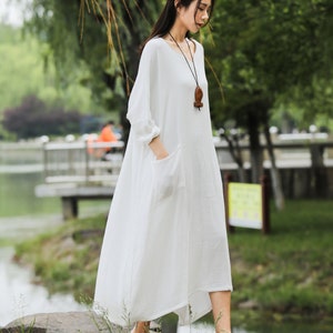 Vestido de lino holgado, vestido de lino de algodón suave, vestido de talla grande, bata de lino, vestido informal de lino de gran tamaño, ropa de talla grande, estilo 022