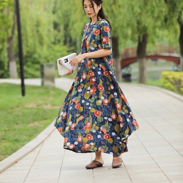 Retro Printing Lightweight Leisure Loose Summer Dress Soft Cotton Maxi Dress Casual Oversized Dress Maternity Dress Plus Size Dress