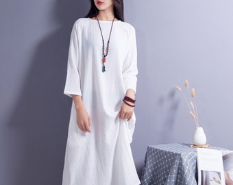 Spring Fall Loose Linen Dress Cotton Linen Maxi Dress Casual Oversized Dress Plus Size Linen Plus Size Dress Linen Robe Plus Size Clothing