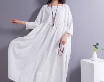 Batwing Sleeves Linen Maxi Dress Loose Cotton Linen Dress Plus Size Linen Plus Size Dress Plus Size Clothing Linen Robe Oversized Linen