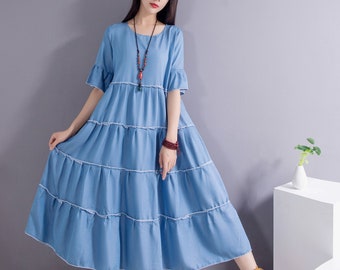 A-line Denim Cotton Dress Soft Cotton Maxi Dress Casual Oversized Dress Plus Size Cotton Plus Size Dress Plus Size Clothing Cotton Robe