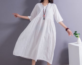 Robe décontractée en lin jacquard, robe d'été ample, robe en lin et coton doux, robe en lin surdimensionnée, grande taille, style vestimentaire grande taille 072