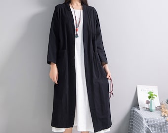 Casual Loose Linen Cardigan Cotton Linen Coat Oversized Coat Plus Size Linen Plus Size Coat Plus Size Clothing Linen Maxi Coat Style 096
