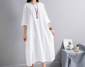 Retro Loose Linen Dress Soft Cotton Linen Maxi Dress Casual Oversized Dress Plus Size Linen Plus Size Dress Plus Size Clothing Linen Robes