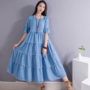A-line Denim Cotton Dress Soft Cotton Maxi Dress Casual Oversized Dress Plus Size Cotton Dress Plus Size Clothing Cotton Robe Style 047W