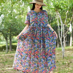 New Arrival Delicate Printing Loose Summer Cotton Dress Lightweight Soft Cotton Maxi Dress Plus Size Dress Plus Size Clothing Style 166P