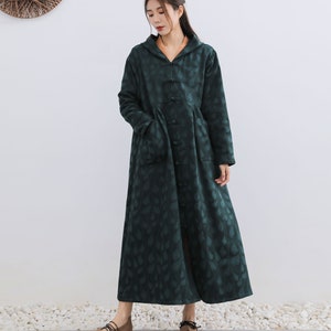 New Arrival Handmade Knot Buttons Jacquard Hooded Winter Linen Coat Loose Cotton Linen Windbreaker Plus Size Clothing Plus Size Coat 146