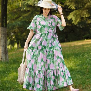 New Arrival Romantic Printing Loose Summer Cotton Dress Lightweight Soft Cotton Maxi Dress Plus Size Dress Plus Size Clothing Style 182P