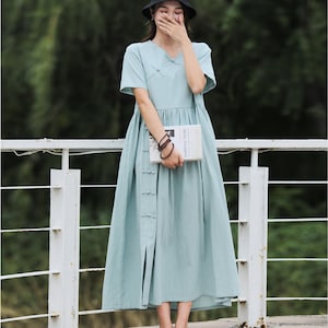 Handmade Knot Buttons Retro Loose Summer Linen Dress Soft Cotton Linen Maxi Dress Oversized Plus Size Linen Dress Plus Size Clothing 059