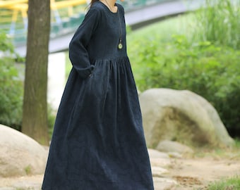 Jacquard Retro Casual Linen Dress Soft Cotton Linen Maxi Dress Loose Oversized Dress Plus Size Linen Dress Plus Size Clothing Style 055J