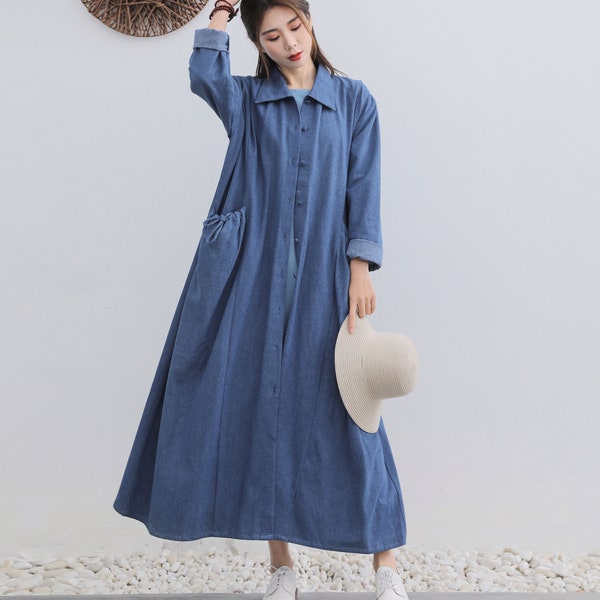 Nouvelle arrivée Printemps Hiver Coton Denim Manteau Grandes Poches Chemise Manteau Plus Taille Manteau Coton Coupe-Vent Plus Taille Vêtements Coton Maxi Manteau