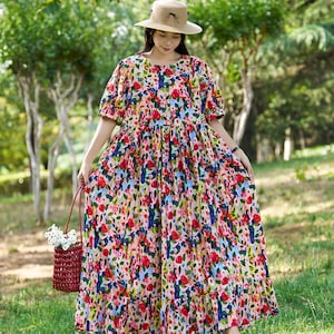 New Arrival Retro Printing Loose Summer Cotton Dress Lightweight Soft Cotton Maxi Dress Plus Size Dress Plus Size Clothing Style 196P