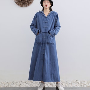 New Arrival Spring Winter Cotton Denim Coat Handmade Buttons Cotton Hooded Coat Plus Size Coat Windbreaker Plus Size Clothing Maxi Coat 137D