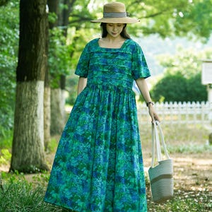 New Arrival Retro Printing Casual Loose Summer Cotton Dress Lightweight Soft Cotton Maxi Dress Plus Size Dress Plus Size Clothing Style 199P