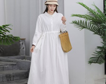 憧れの New Arrival Linen Cotton Dress Linen Spring Waist Adjustable ワンピース