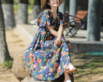 New Arrival Retro Printing Lightweight Summer Dress Soft Cotton Maxi Dress Plus Size Dress Loose Fitting Oversized Dress Holiday Gift