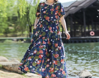 New Arrival Retro Printing Lightweight Summer Dress Soft Cotton Maxi Dress Plus Size Dress Loose Fitting Oversized Dress Holiday Gift