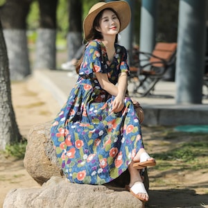 New Arrival Retro Printing Summer Beach Dress Lightweight Soft Cotton Maxi Dress Plus Size Dress Plus Size Clothing Loose Dress Style 181P