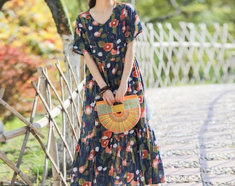 New Arrival Retro Printing Lightweight Summer Dress Soft Cotton Maxi Dress Plus Size Dress Loose Fitting Oversized Dress Holiday Gift