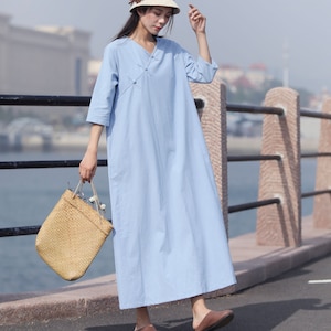 Handmade Knot Buttons Summer Linen Dress Soft Cotton Linen Maxi Dress Plus Size Clothing Plus Size Linen Dress Loose Linen Dress Style 039