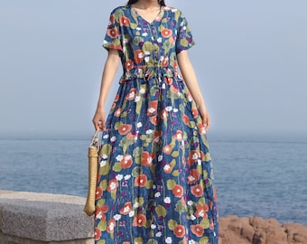 Adjustable Waist Summer Seaside Cotton Dress Lightweight Soft Cotton Maxi Dress Plus Size Linen Plus Size Dress Plus Size Clothing