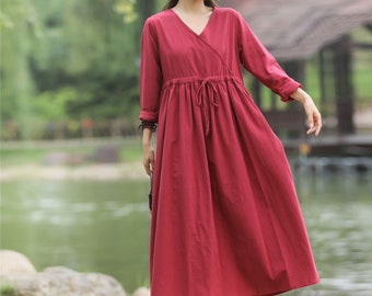 Retro Adjustable Waist Loose Linen Dress Soft Cotton Linen Maxi Dress Plus Size Linen Dress Plus Size Clothing Linen Robes Oversized Dress