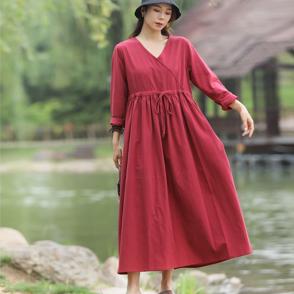 Retro Adjustable Waist Loose Linen Dress Soft Cotton Linen Maxi Dress Plus Size Linen Dress Plus Size Clothing Linen Robes Oversized Dress