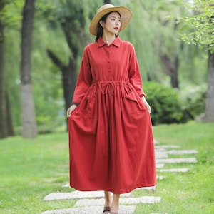 Adjustable Waist Loose Linen Shirt Dress Soft Cotton Linen Maxi Dress Plus Size Dress Plus Size Clothing Oversized Linen Dress Style 061