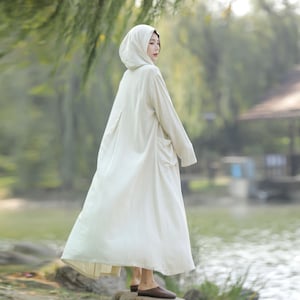Handmade Buttons Linen Maxi Coat Hooded Cotton Linen Windbreaker Plus Size Clothing Plus Size Dress Loose Fitting Linen Jacket Style 132