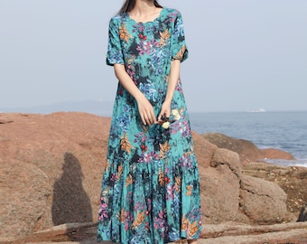 Retro Floral Lightweight Cotton Summer Seaside Dress Soft Cotton Maxi Dress Loose Fitting Plus Size Dress Plus Size Clothing Oversized Dress